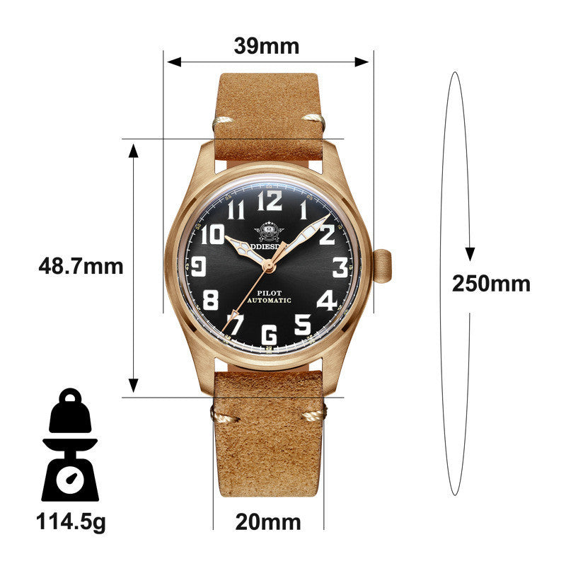Watch with dimensions labeled on a white background