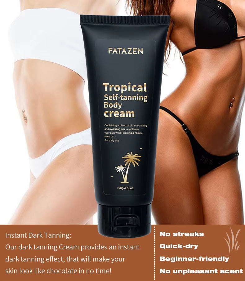 Fatazen Tropical Self-Tanning Body Cream with a model in black bikini showing tanned skin.