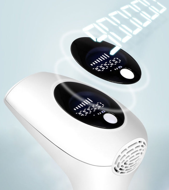 White electronic device with digital display on a light blue background