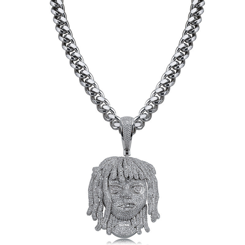 Silver pendant necklace with a unique design on a white background