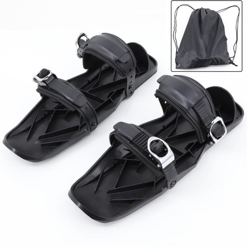 Black snowshoes with straps on a white background, inset showing a black drawstring bag.