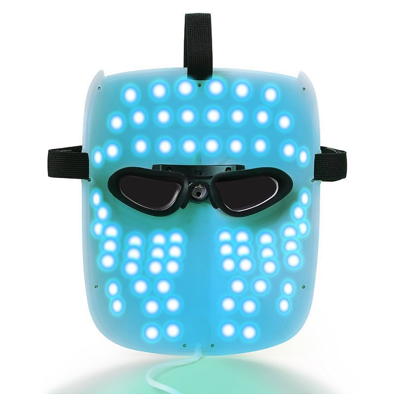 Blue LED mask with black sunglasses on a white background