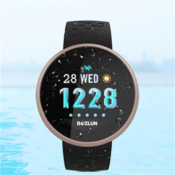 Smartwatch with a black strap and rose gold frame on a light blue water-themed background