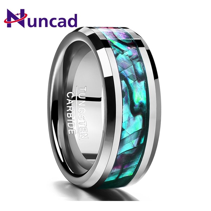 Tungsten carbide ring with abalone shell inlay on a white background, featuring the brand 'Nuncad'.