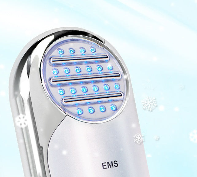 Shower head with LED lights and 'EMS' branding on a light blue background