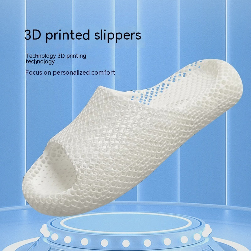 3D printed slipper on a blue background with text about 3D printing technology.