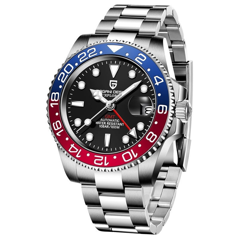 Wristwatch with a black face, blue and red bezel, and silver metal strap on a white background