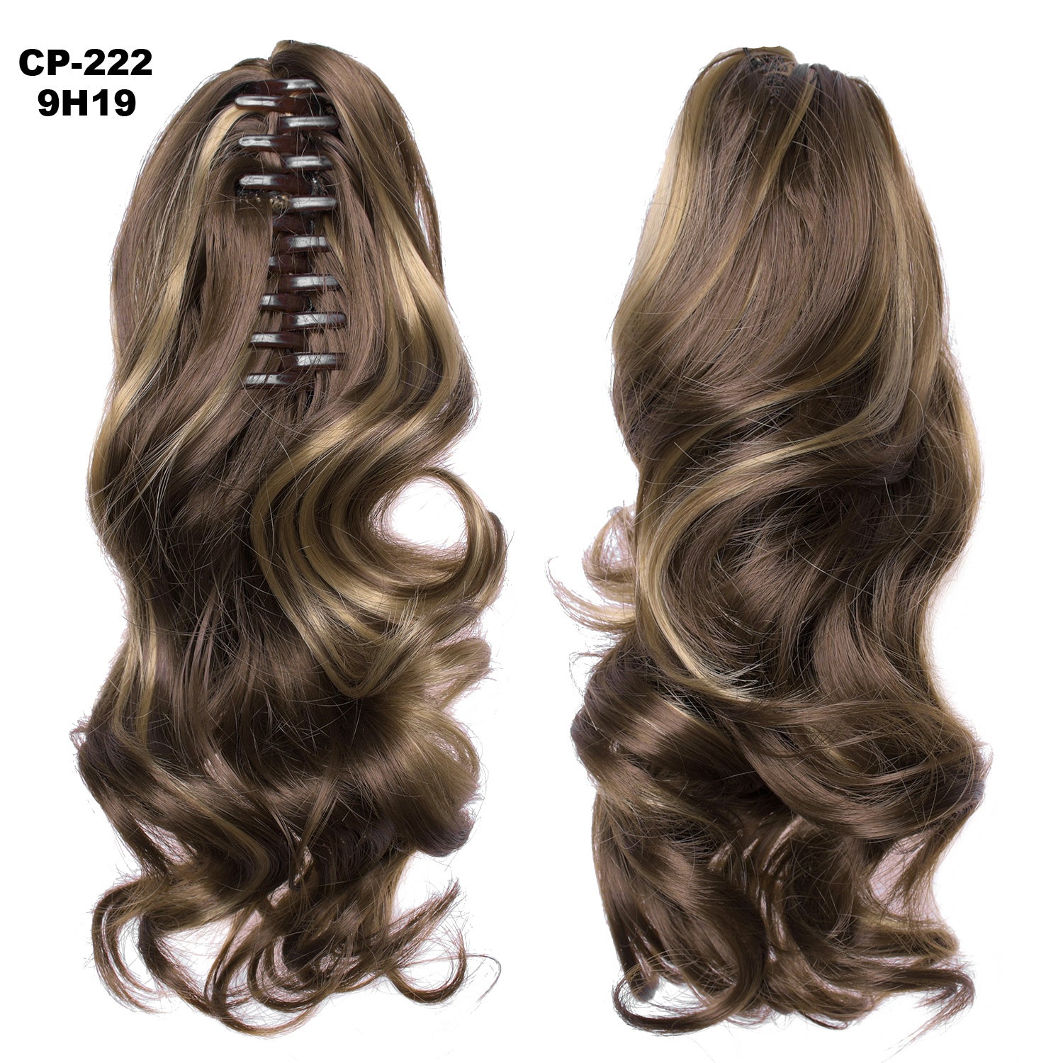 Brown hair extension with a clip-in section on a white background