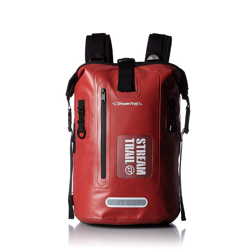Red backpack with 'Stream Trail' branding on a white background