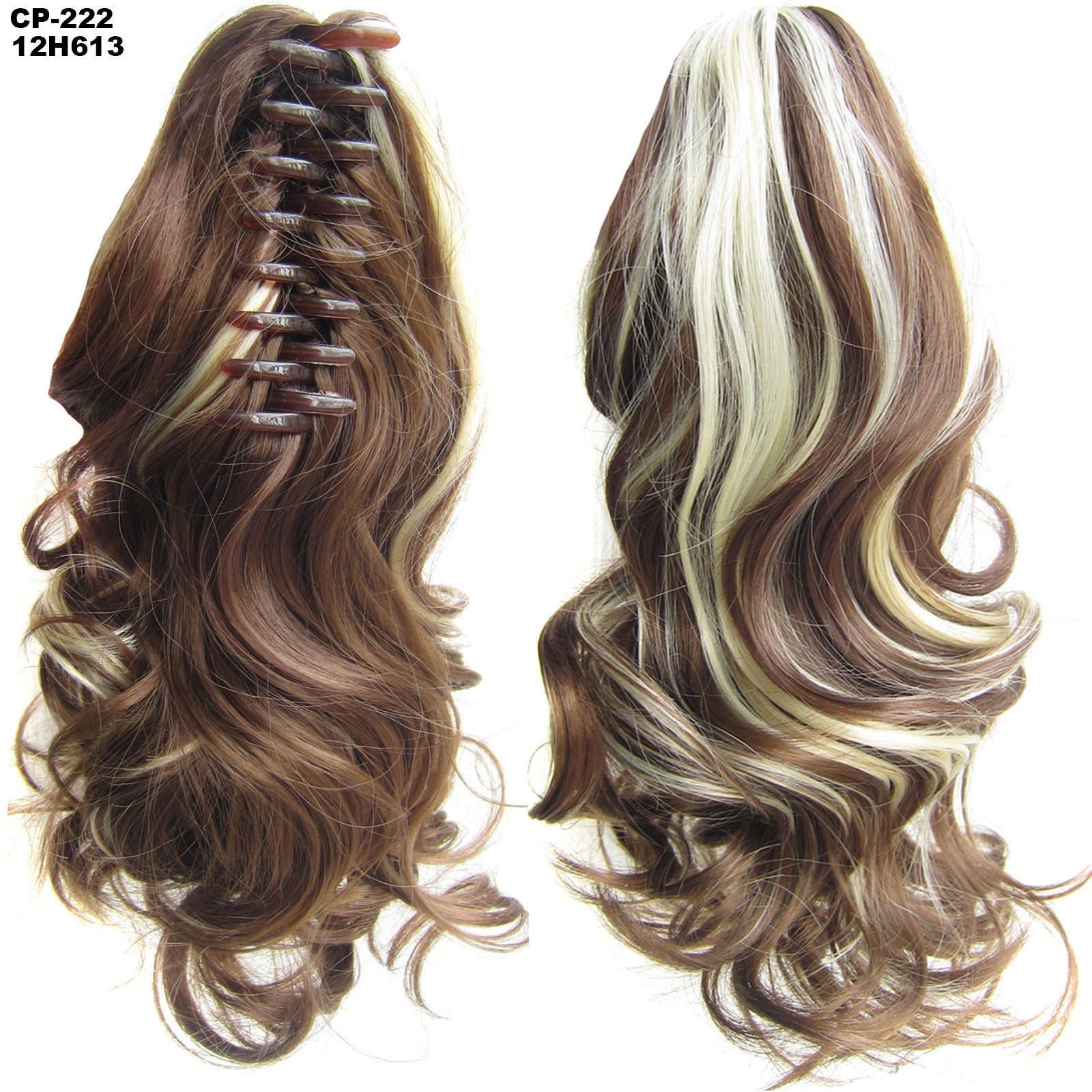 Brown and blonde hair extension with a comb on a white background