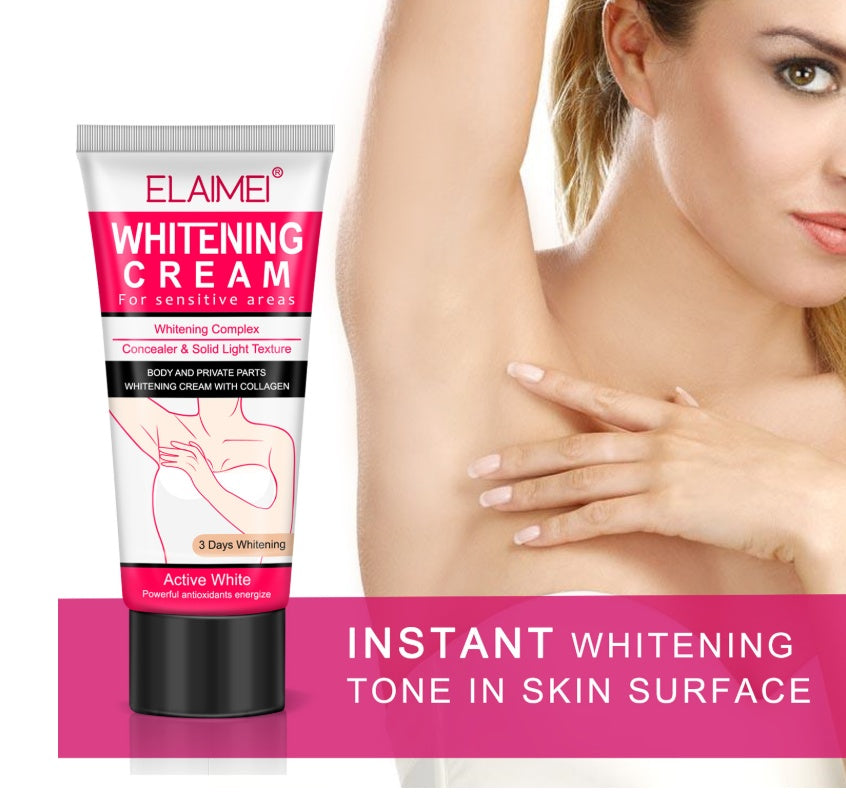Elaimei Whitening Cream with a woman touching her skin on a white background