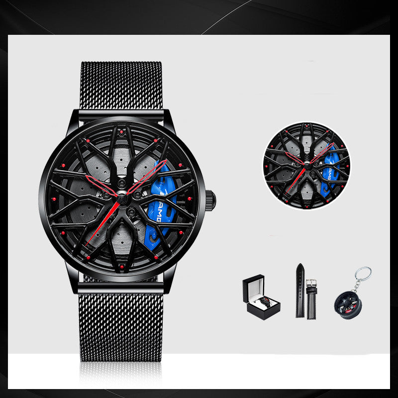 Black wristwatch with detailed design, box, strap, and keychain on a white background