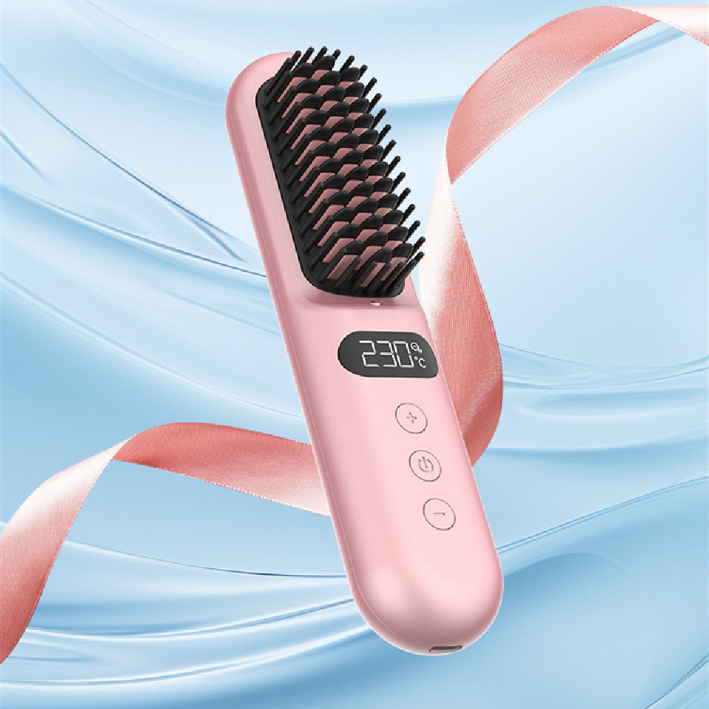 Hair straightening brush with digital display on a light blue background