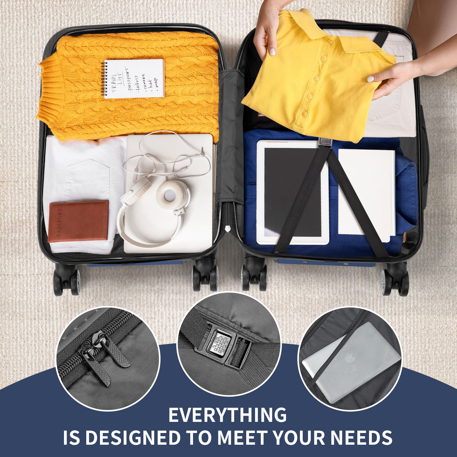 Two open suitcases with travel items and a hand placing a yellow shirt inside, with close-up insets of suitcase features.