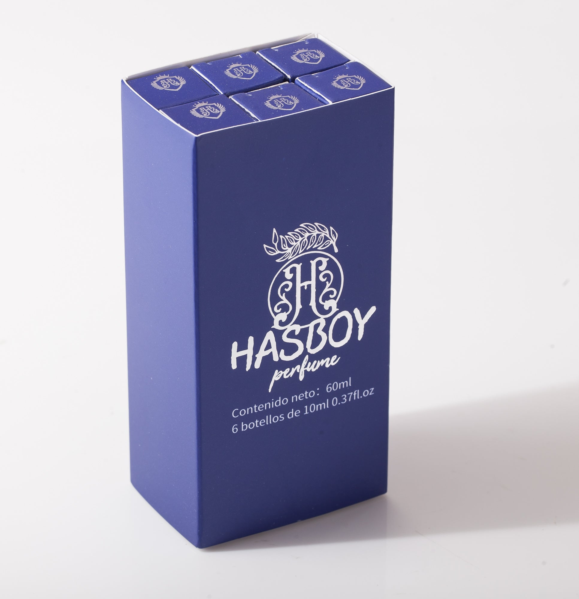 Blue packaging box for Hasboy perfume with branding on a white background