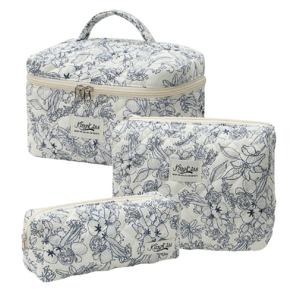 Set of floral-patterned cosmetic bags on a white background