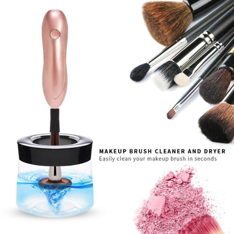 Makeup brush cleaner and dryer with brushes and makeup powder on a white background