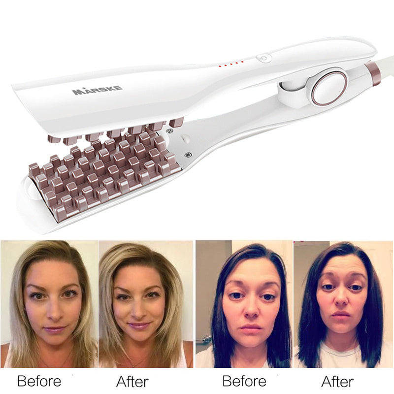 Hair straightener with 'Mansu' branding and before-and-after images of hair.