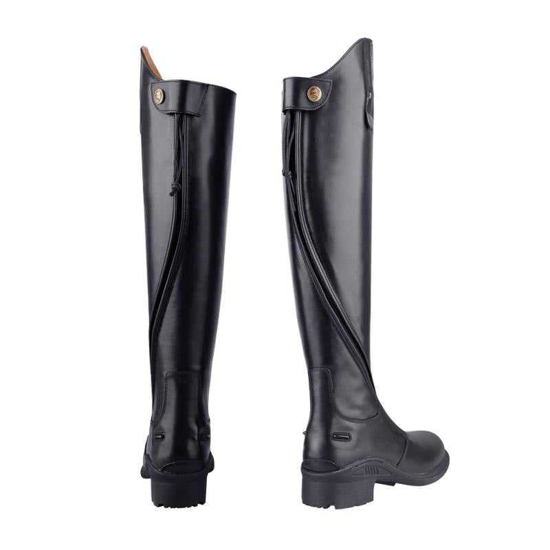 Pair of black riding boots on a white background