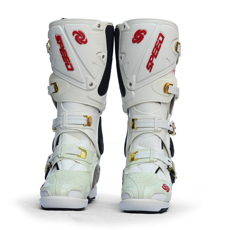 White motocross boots with red and gold accents on a white background