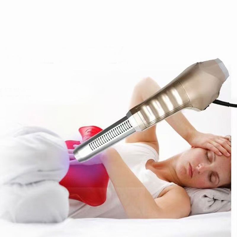 Woman using a handheld massage device on a white background