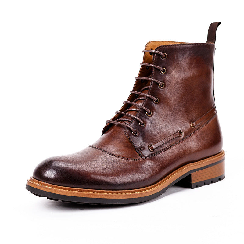 Brown leather boot with a white background