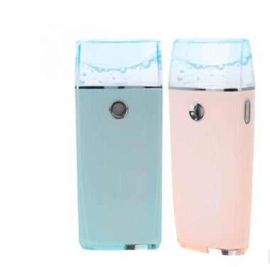 Two small cylindrical devices with blue and pink accents on a white background