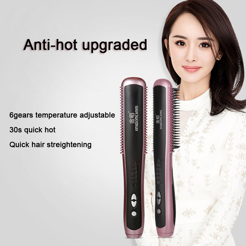 Hair straightening brush with text highlighting features, against a plain background