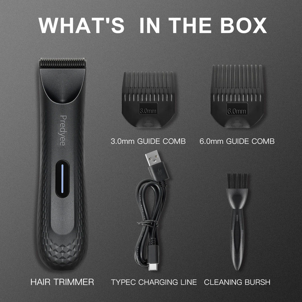 Hair trimmer set with guide combs and cleaning brush on a gray background