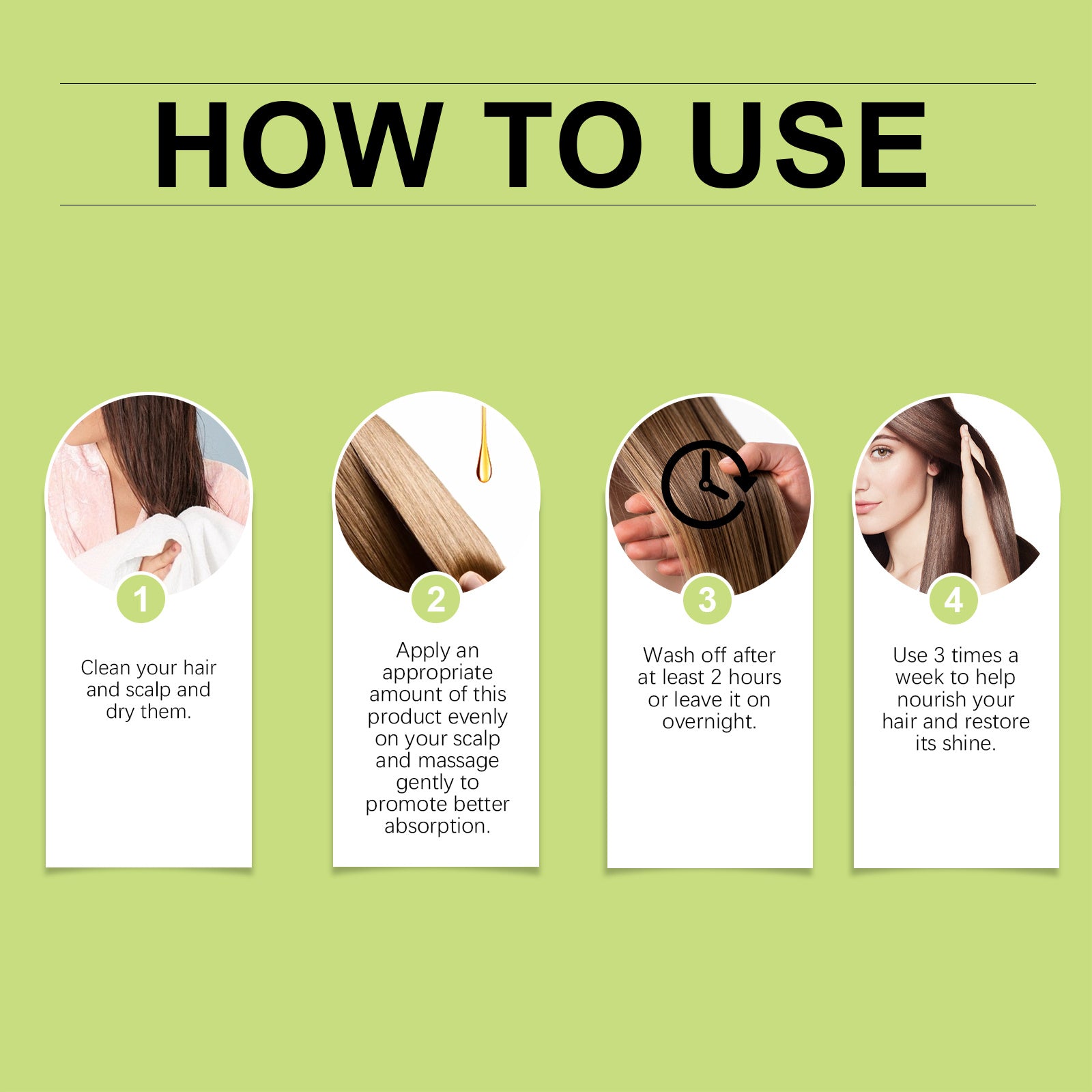 Instructions on how to use a hair care product with step-by-step illustrations and text.