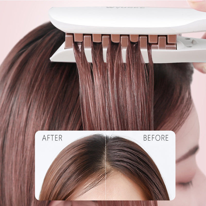 Hair straightening process with 'After' and 'Before' comparison on a pink background