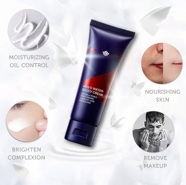 Tube of men's water-based cream with benefits listed on a white background