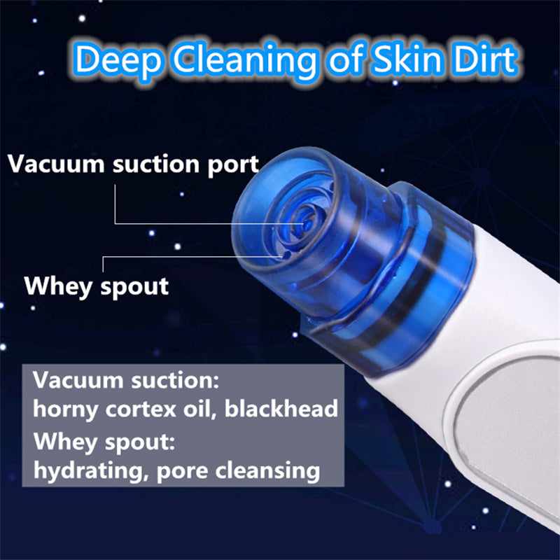 Skin cleansing device with labeled suction port and whey spout on a dark background