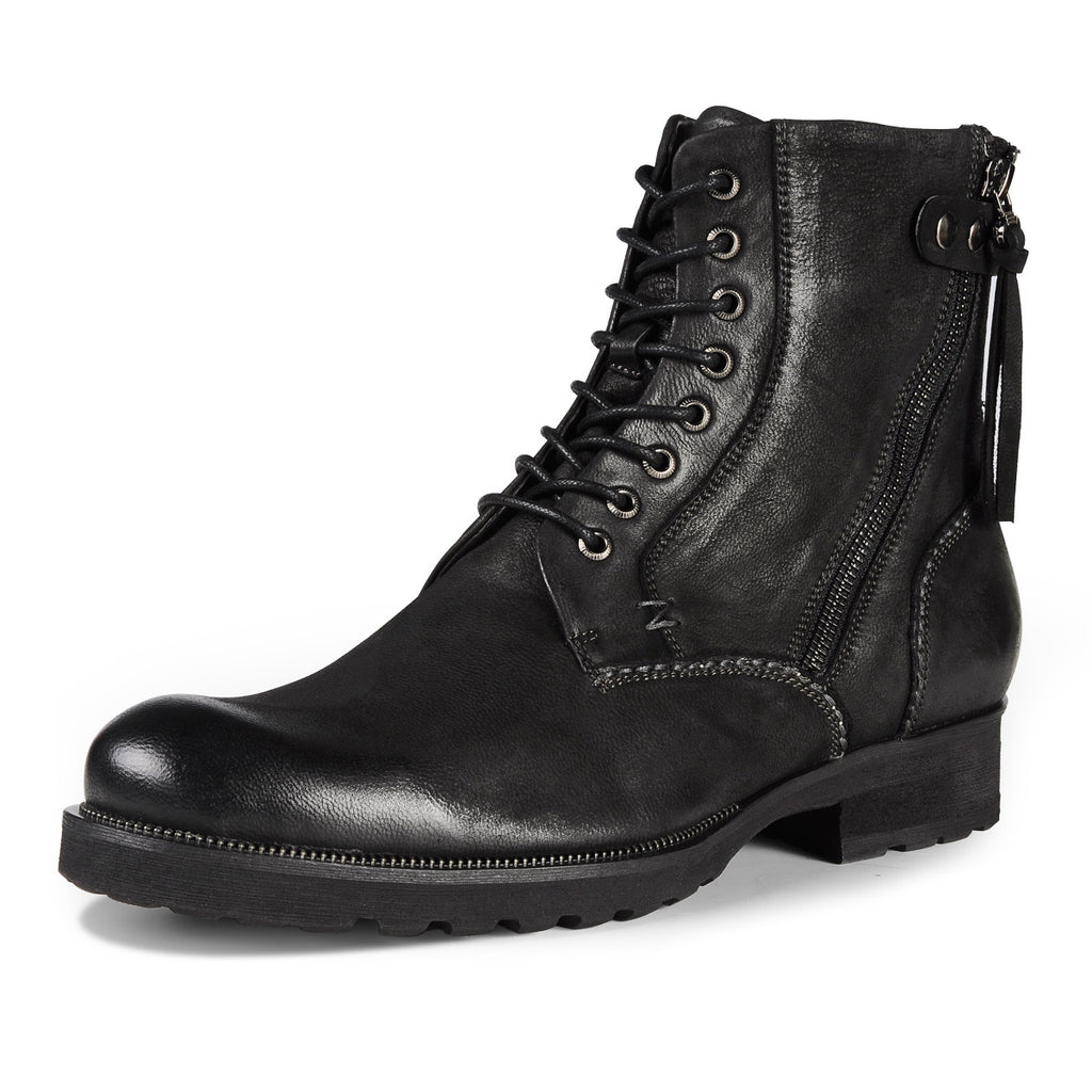Black leather boot with lace-up design on a white background