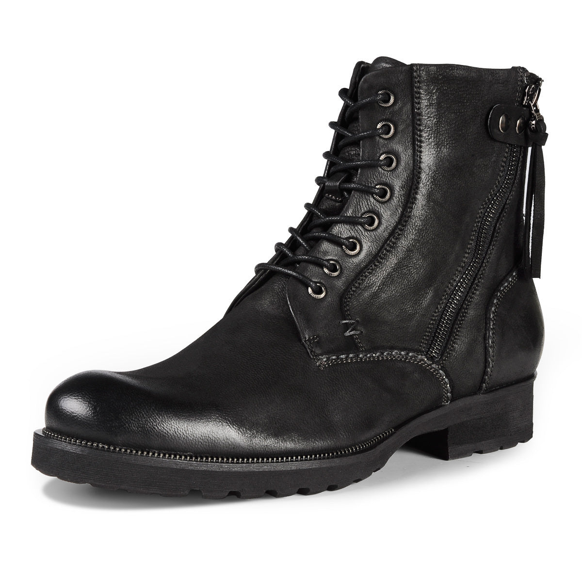 Black leather boot with lace-up design on a white background