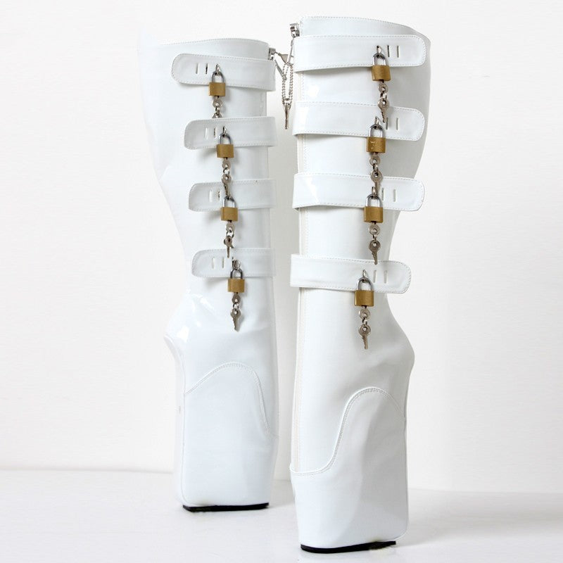 White knee-high boots with gold chain details on a white background