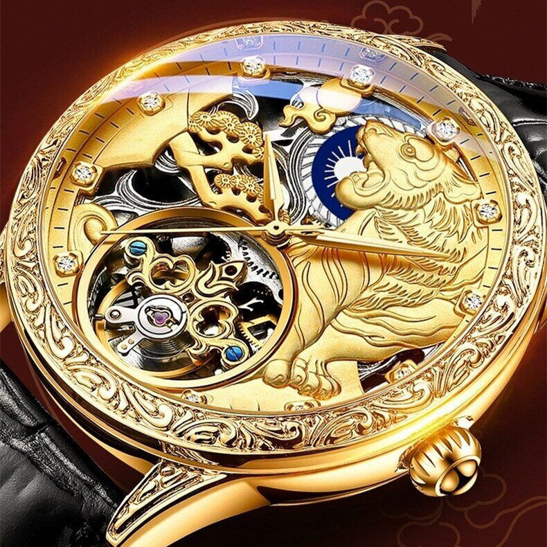 Luxury gold watch with intricate design and dragon emblem on a dark background