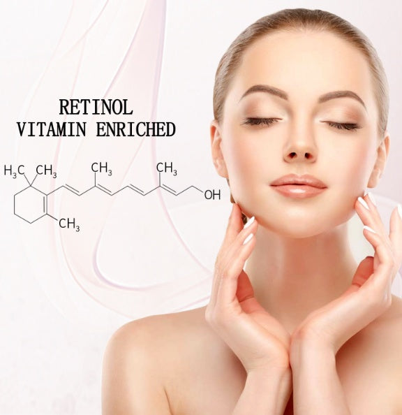 Woman with smooth skin holding her face, retinol vitamin enriched text and chemical structure diagram.
