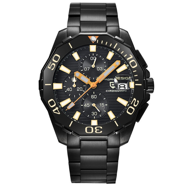 Black wristwatch with gold accents on a white background
