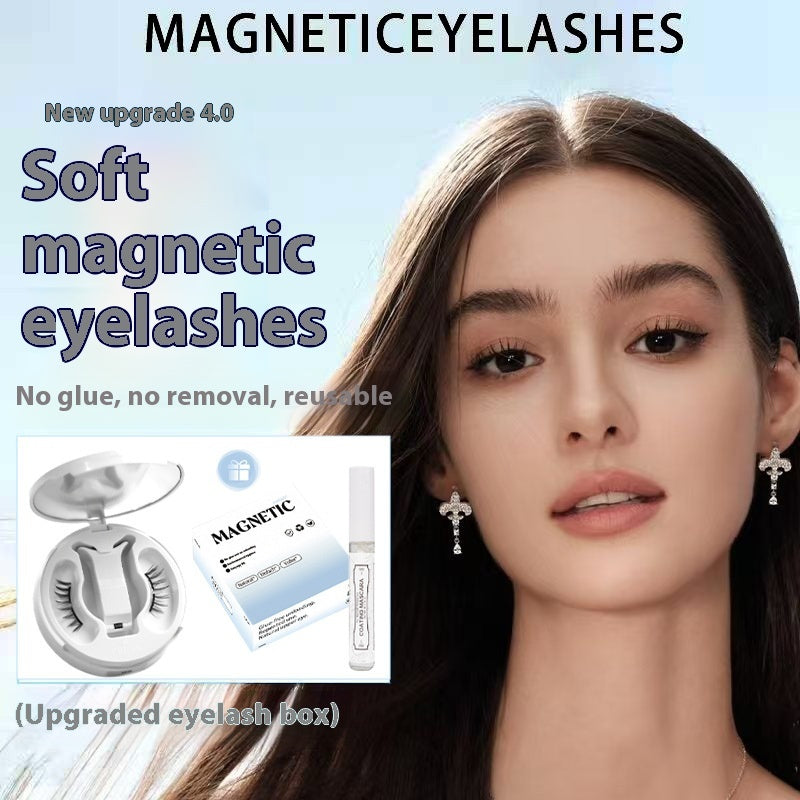 Advertisement for soft magnetic eyelashes with a woman's face and product packaging.