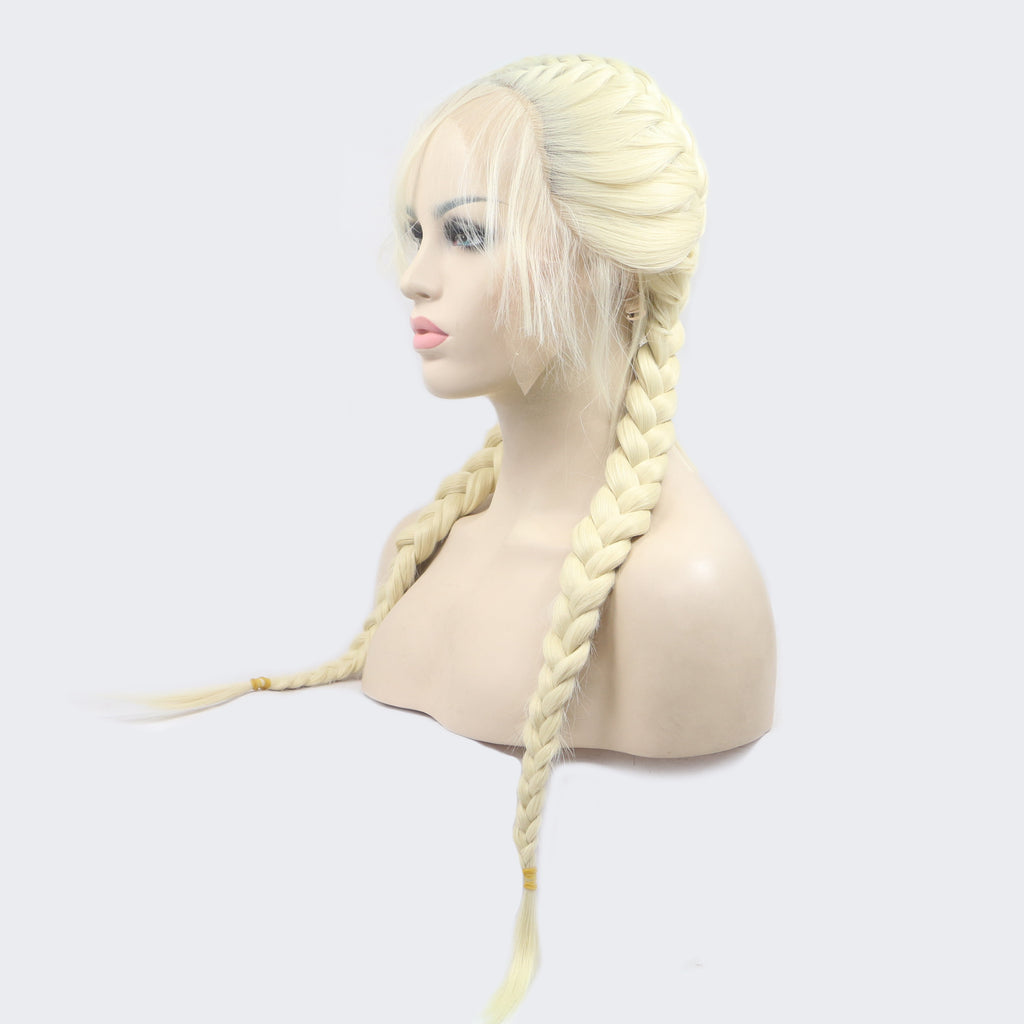 Blonde wig with braided hair on a mannequin head against a white background