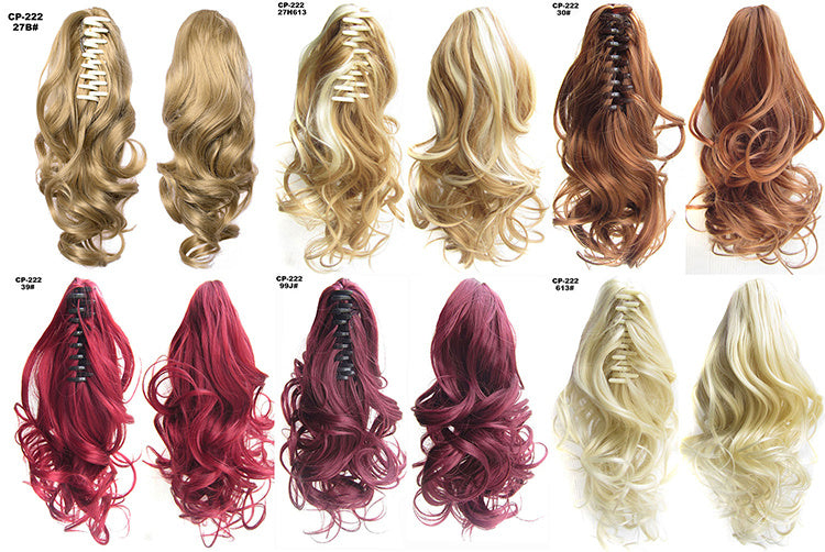 Collection of various hair extensions in different colors on a white background