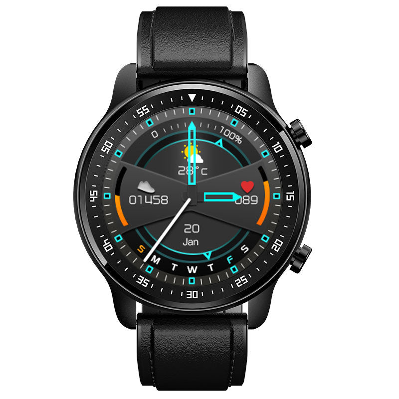 Smartwatch with a black leather strap on a white background