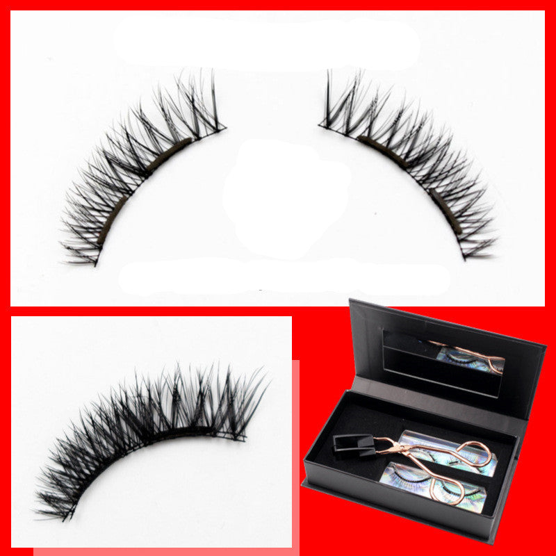 Set of false eyelashes with a black box containing tools on a red background