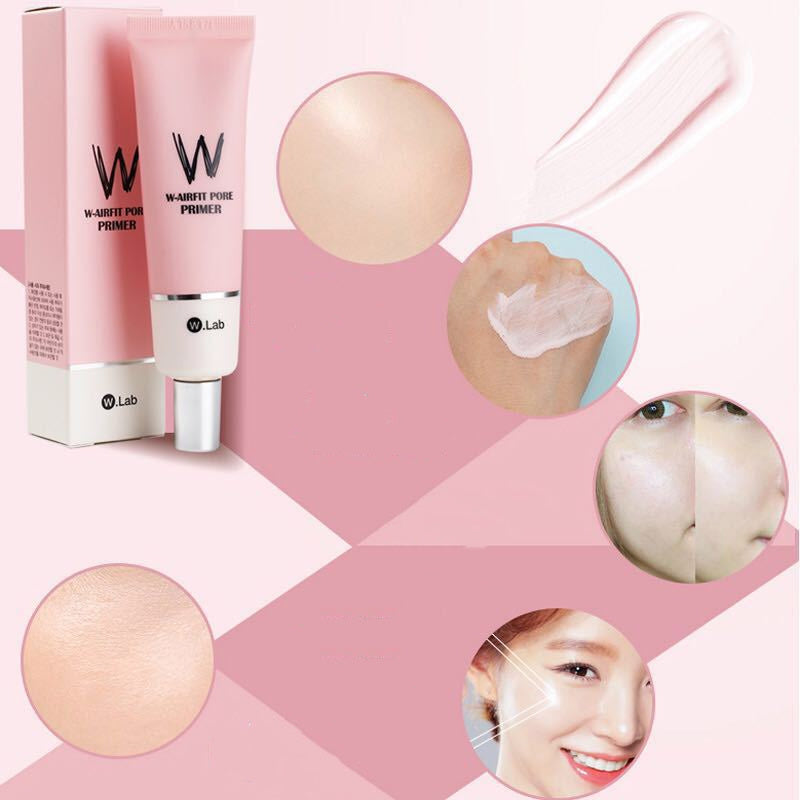 W Lab primer with packaging and application images on a pink background