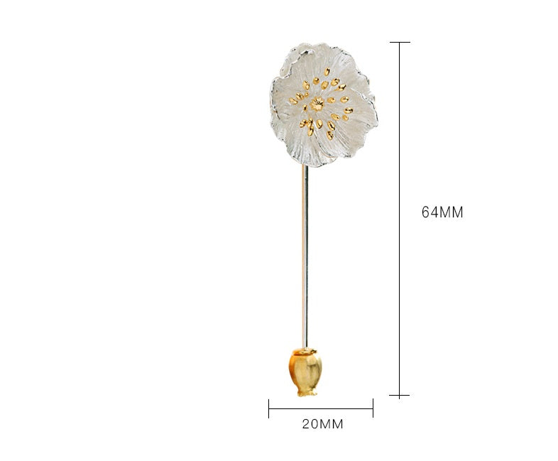 Decorative flower pin with measurements on a white background