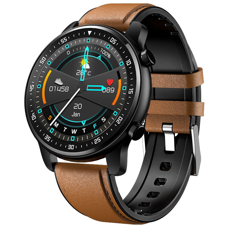 Smartwatch with brown leather strap on a white background
