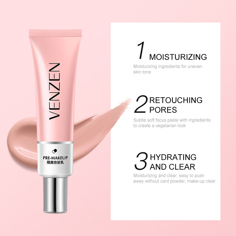 Venzen pre-makeup product with features on a pink background