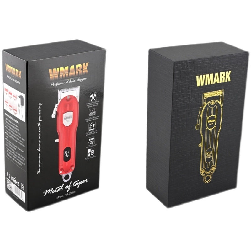 WMark hair clipper packaging with red clipper illustration on a black box.