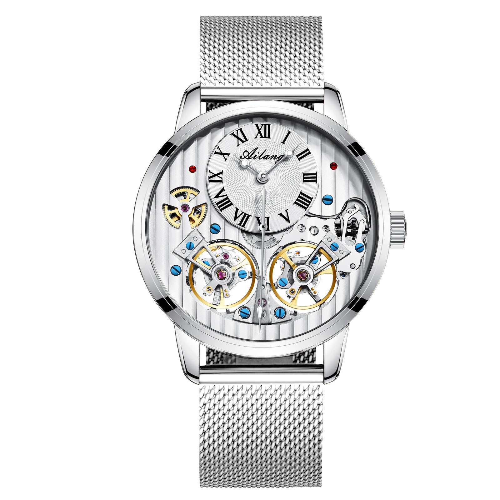 Silver watch with mesh band and visible mechanical components on a white background